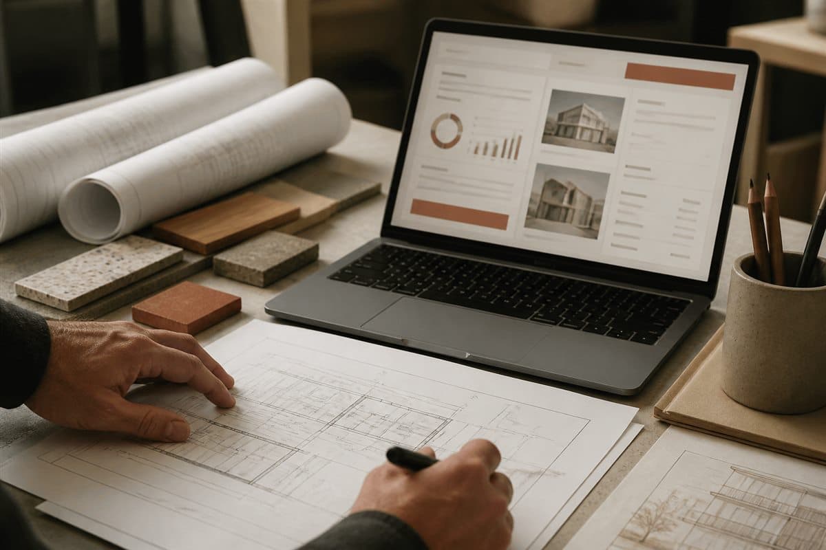 Construction plans beside a digital project platform